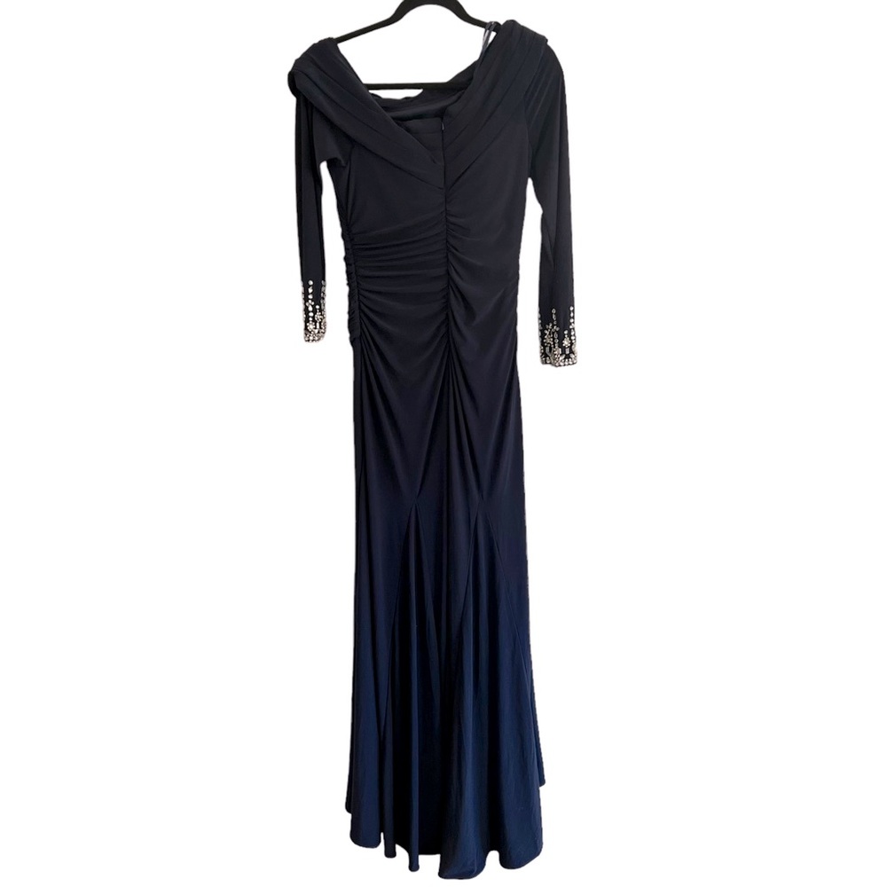 NEW MAC DUGGAL One Shoulder Midnight Blue Long Sleeve Jersey Gown size 4 - Picture 7 of 9
